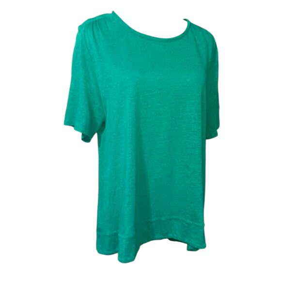 CHICO'S 2 100% Linen Long Tunic Top Tee LG Tiered‎ Back High/Lo Turquoise Green - Picture 7 of 8